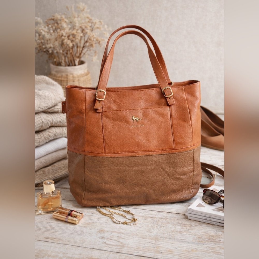 Emma Fox XL women's orange tan color block leather shoulder‎ bag 14" x 15" x 5"